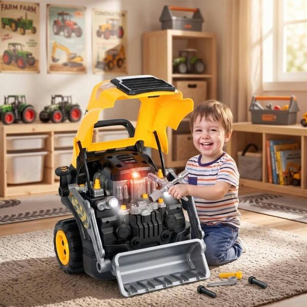 Bobobiy Kids Truck Engine Toy, Excavator Toy Steering Wheel with Spray, Lights and Sounds for 3-6 Years Boys Girls, Yellow - Yellow