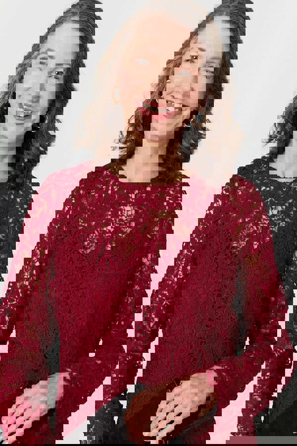 Red | Lace Texture Layered Long Sleeve Blouse
