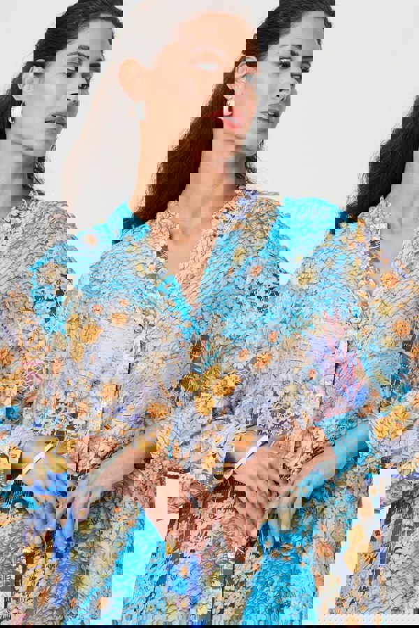 Blue | Floral Long Sleeve Longline Tunic Shirt
