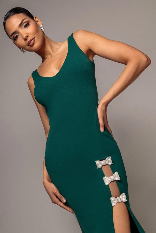 Diamante Brooch Thigh Split Mermaid Maxi Dress - Emerald DR4433