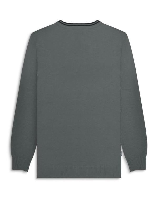 Lambretta Mens Smart Casual Knitted Long Sleeve Tipped Polo, back view of a grey knitted long sleeve polo with a black tipped collar.