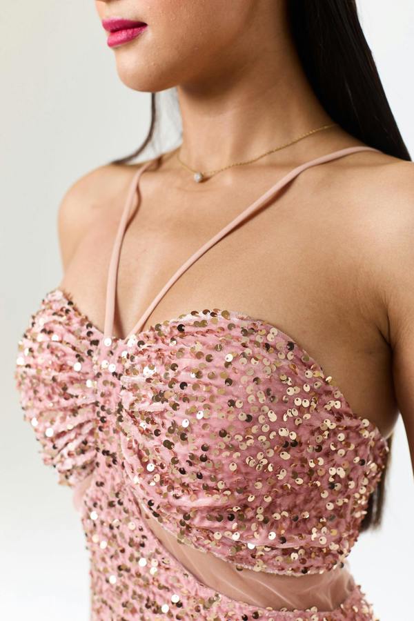 LuvForever Rose Pink Bandeau Sequin Maxi Dress