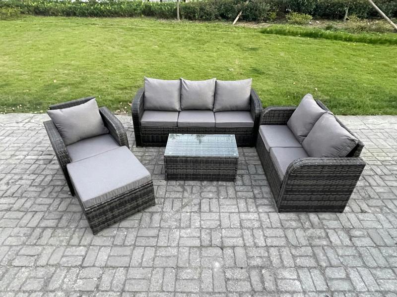 Fimous 7 Seater Wicker Patio Set, Garden, Coffee Table, Reclining Chair, Loveseat Sofa, 3 Seater Sofa and Big Footstool, Dark Grey Mixed