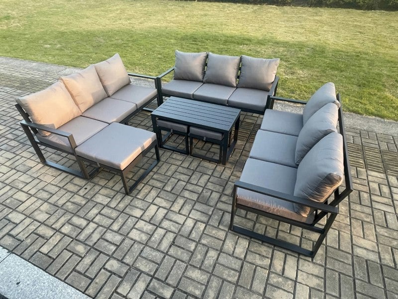 Fimous Aluminium Outdoor Garden Furniture Set Lounge Sofa Oblong Coffee Table 3 Footstools Sets with Cushions Dark Grey 12 Seater