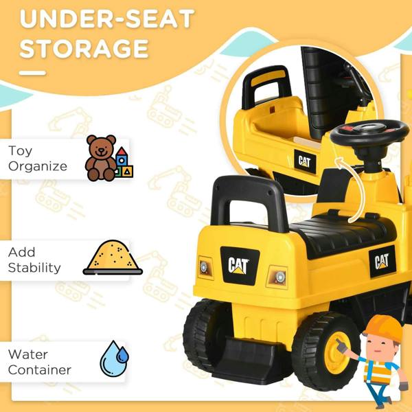 Yellow CAT ride-on digger toy with under-seat storage area, steering wheel and seat