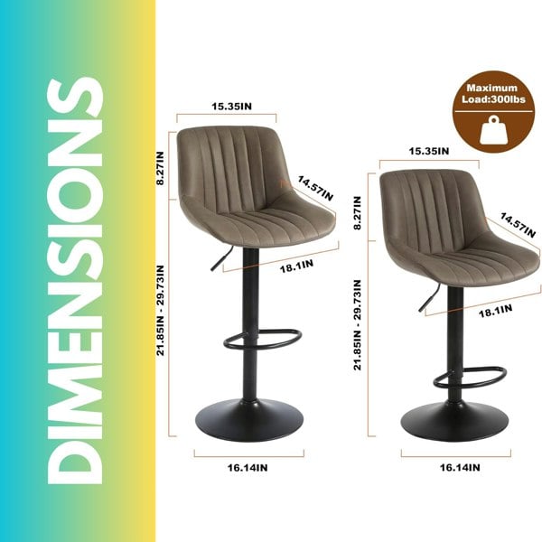 Rafaelo Mobilia 2PC Height Adjustable 360 PU Leather Swivel Bar Stools Set Brown