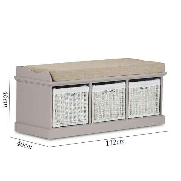 Statement Furniture Tetbury Bench with 3 White Wicker Baskets and Cushion, Assembled Hallway Storage