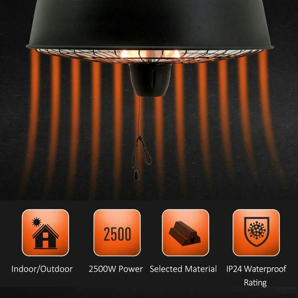 Close view of black infrared patio heater emitting warm glow from heating elements