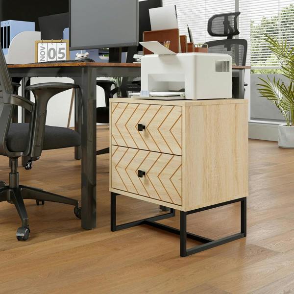 Natural wood two-drawer nightstand with zigzag design, black handles and metal legs