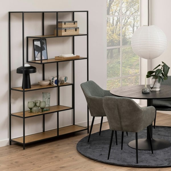 Furniture To Go Seaford Black Metal Large Asymmetrical Bookcase with 5 Oak Shelves