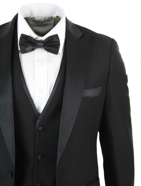 Paul Andrew Mens 3 Piece Black Tuxedo Suit Classic Satin Dinner Tailored Fit Wedding Prom