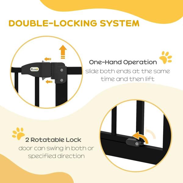 Black dog safety gate close-up showing double-lock and one-hand lift slider