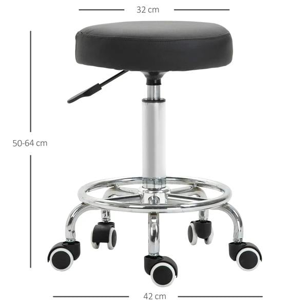 Black round padded height-adjustable stool with chrome circular base and caster wheels
