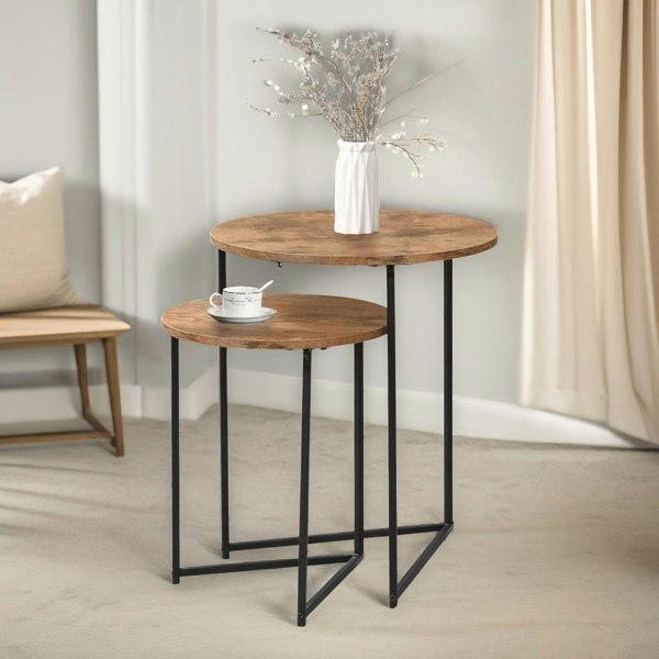 Rafaelo Mobilia Set Of 2 Round Nesting Tables Rustic Brown With Triangular Base