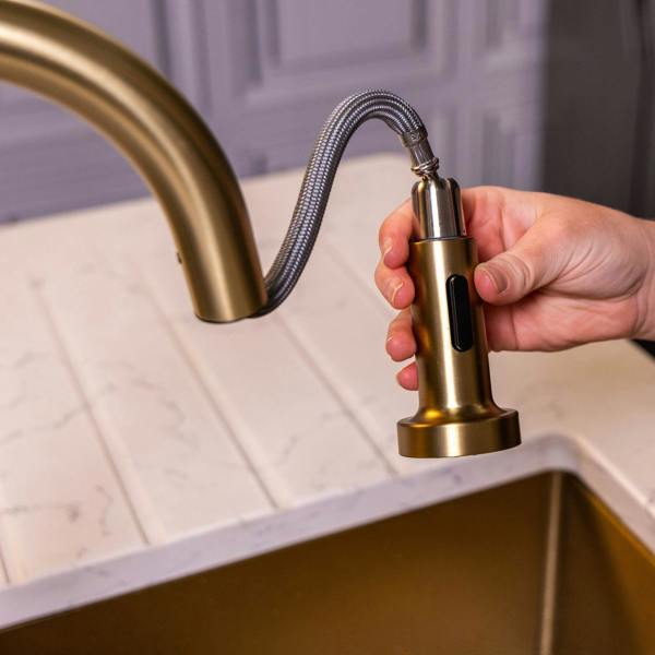 Flode Runda | Kitchen Sink Mixer with Pull out Spray | Brushed Brass | Round Head