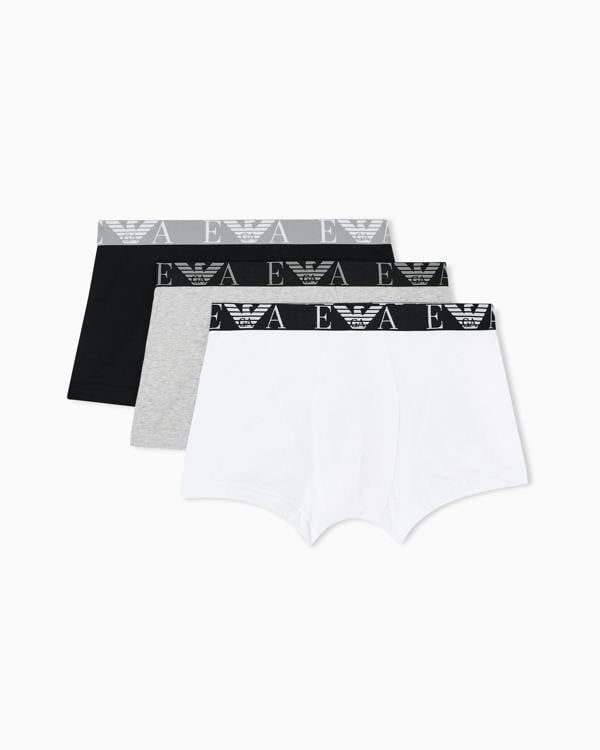 Emporio Armani 3-Pack Mens Boxers with Bold Monogram Logo Waistband - Black/Light Melange Grey/White