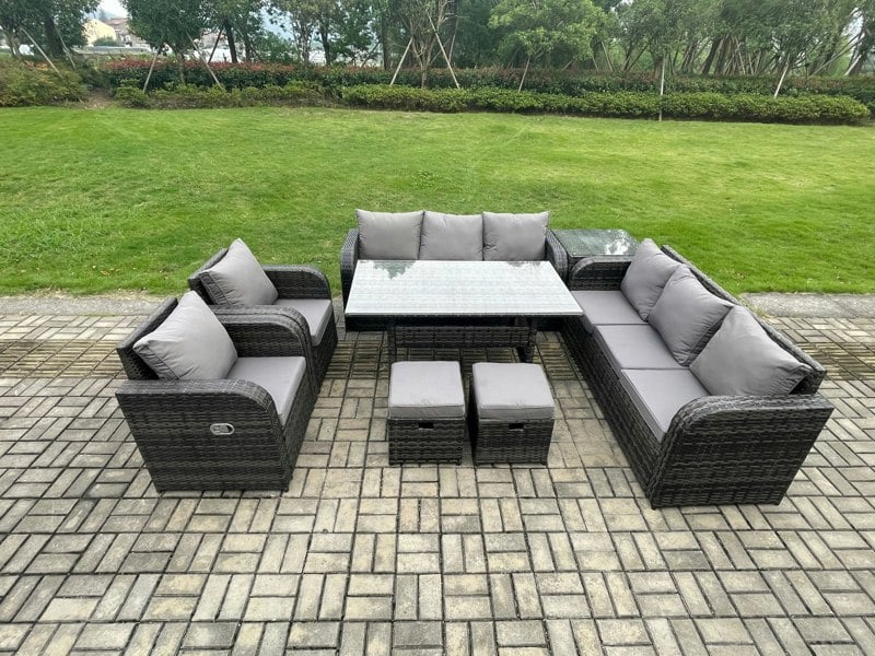 Fimous Dark Grey Mixed Rattan Outdoor Lounge Set - Oblong/Rectangular Dining Table, Side Table & 2 Small Footstools