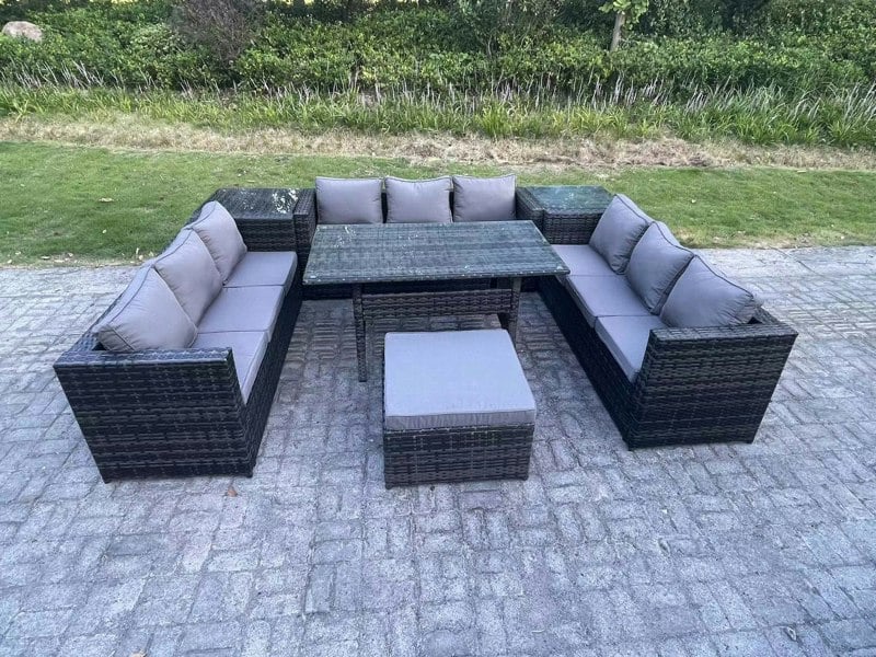 Fimous 10-Seater Dark Grey PE Wicker Rattan Outdoor Lounge Set | Rectangular Dining Table, Large Footstool, 2 Side Tables
