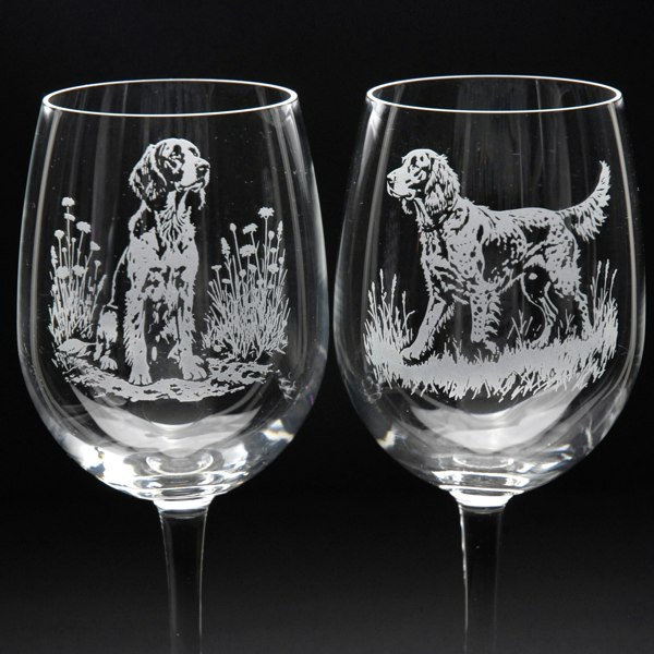 Glyptic Glass Art English Setter Dog Crystal Wine Glass - Hand Etched/Engraved Gift