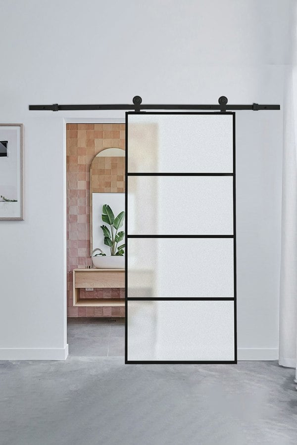 Living and Home Frosted Glass Black Barn Door with Sliding Hardware Kit