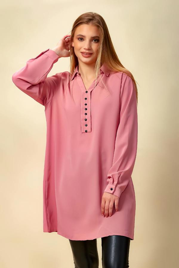 Hoxton Gal Tunic Shirt with Button Details in Pink