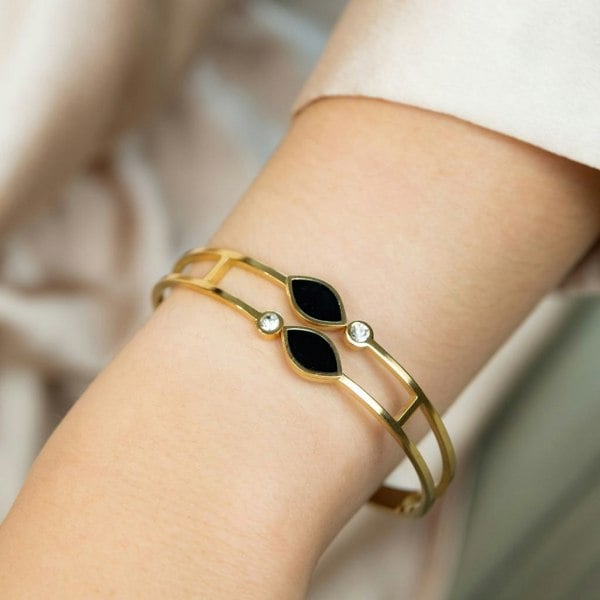 The Colourful Aura Two Black Leaf Zircon Gold Lightweight Minimalist Stacking Bangle