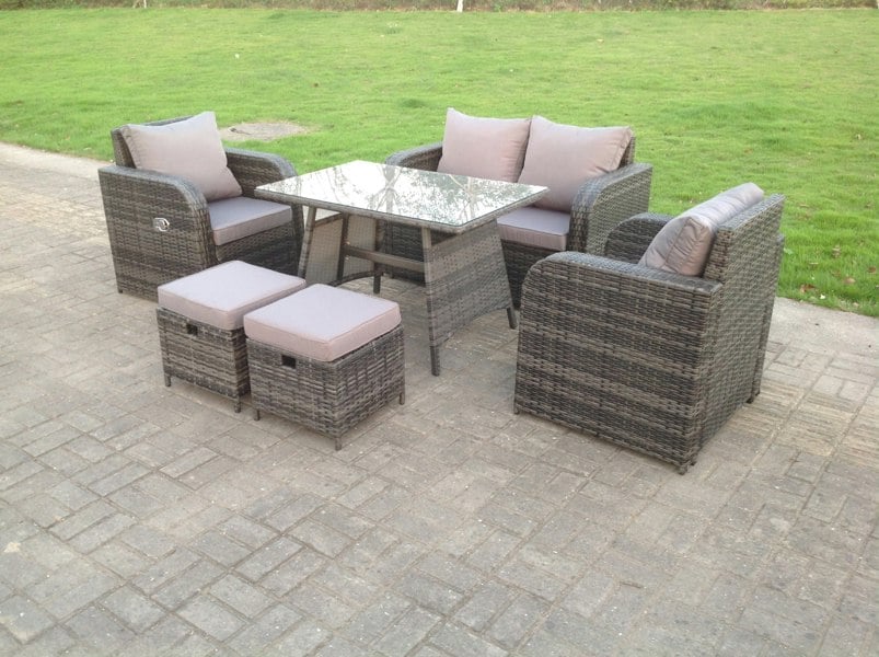 Fimous PE Rattan Garden Furniture Set Adjustable Chair 2 Seater Sofa Double Love Seat Sofa Oblong Dining Table With 2 Stools