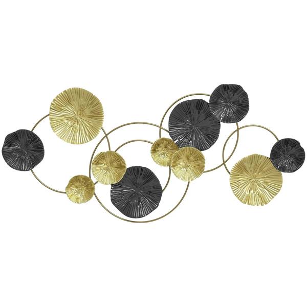 Metal wall art with multi-disc metal circles in gold tone and silver gray, linked by wire loops