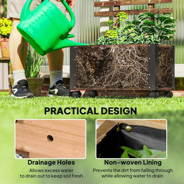 Carbonised wooden raised planter box on caster wheels with drainage holes