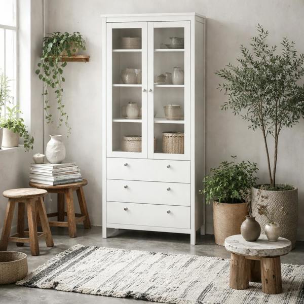 Wyld Haus Gossmere White Wooden China Cabinet 2 Glass Doors 3 Drawers Silver Handles