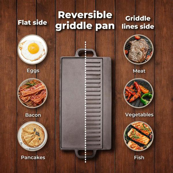 Toque Reversible Cast Iron Griddle Plate Non-Stick Grill Skillet Pan 49.5cm BBQ