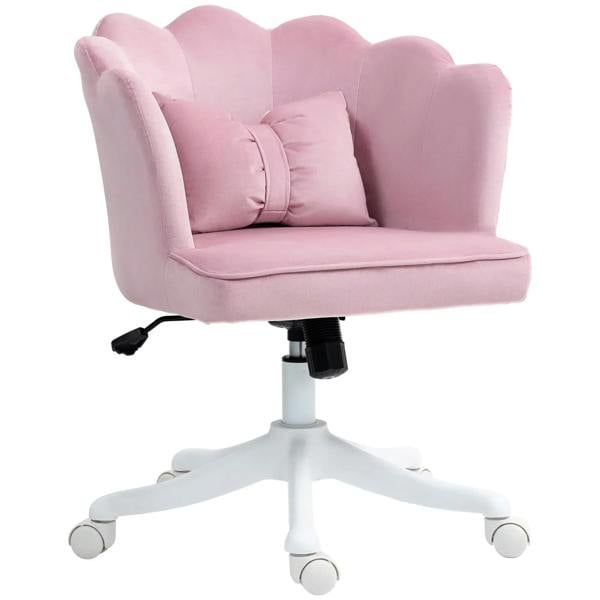 Pink velvet-feel petal back office chair, padded arms, wheeled swivel base