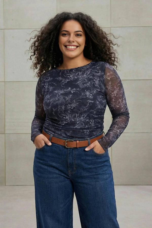 WOVCOR Shawl Pattern Boat Neck Asymmetrical Fitted Plus Size Blouse