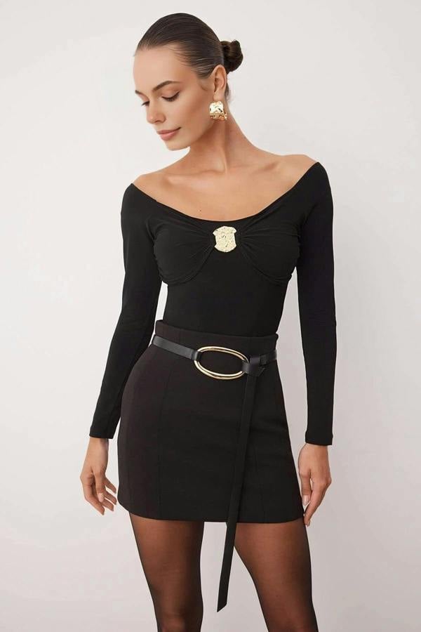 WOVCOR Carmen Collar Knit Party Bodysuit with Gold Accessories