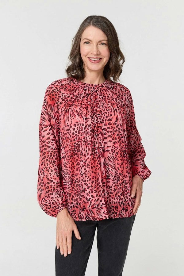 Pink | Animal Print Long Sleeve Tunic Blouse
