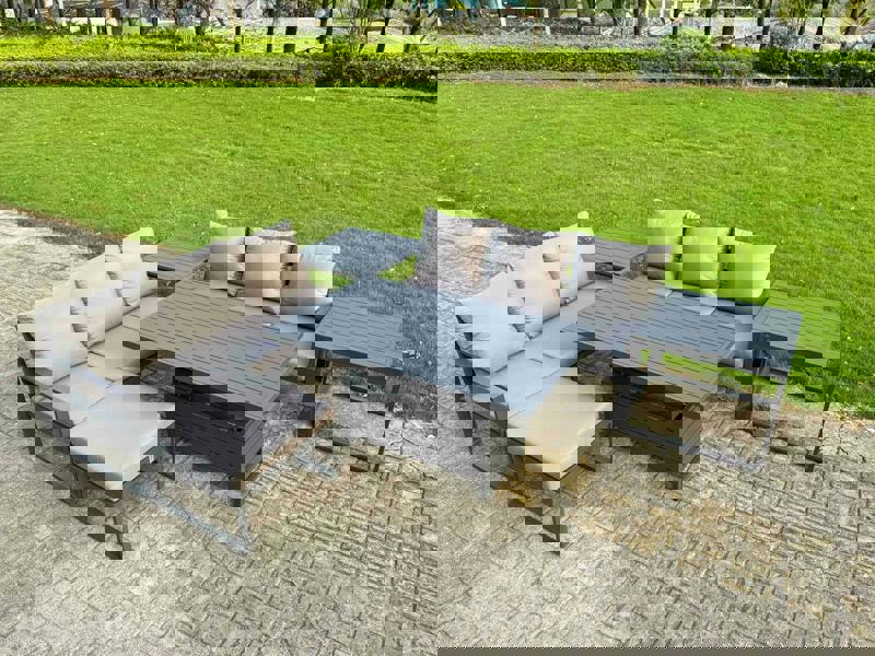 Fimous 7 Seater Aluminium Garden Furniture Set with Adjustable Rising Dining Table, 2 Sofas, 2 Side Tables & Footstool - Dark Grey