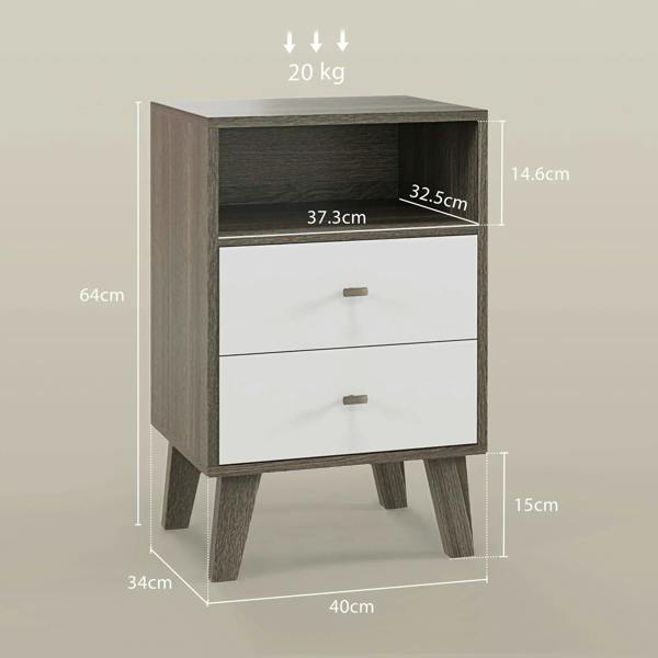 Grey bedside table with open shelf and two drawers, shown with size measurements