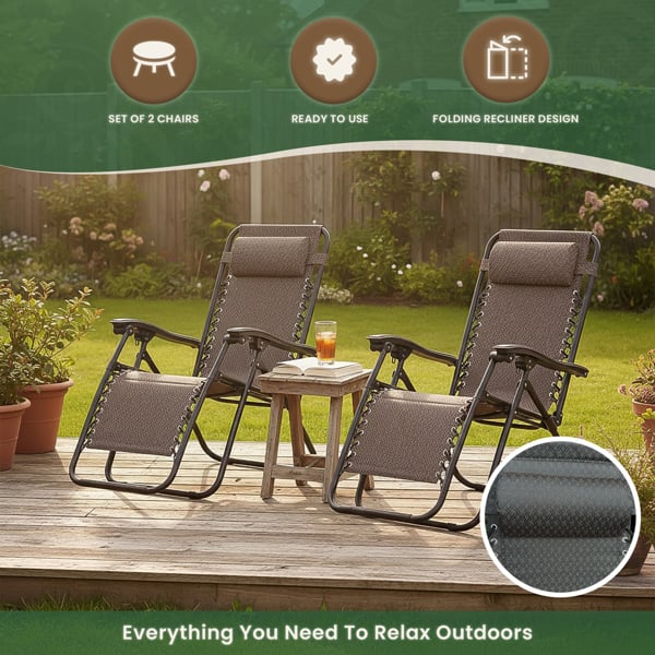 Padded Garden Anti Gravity Recliner Chairs Brown (Set of 2)