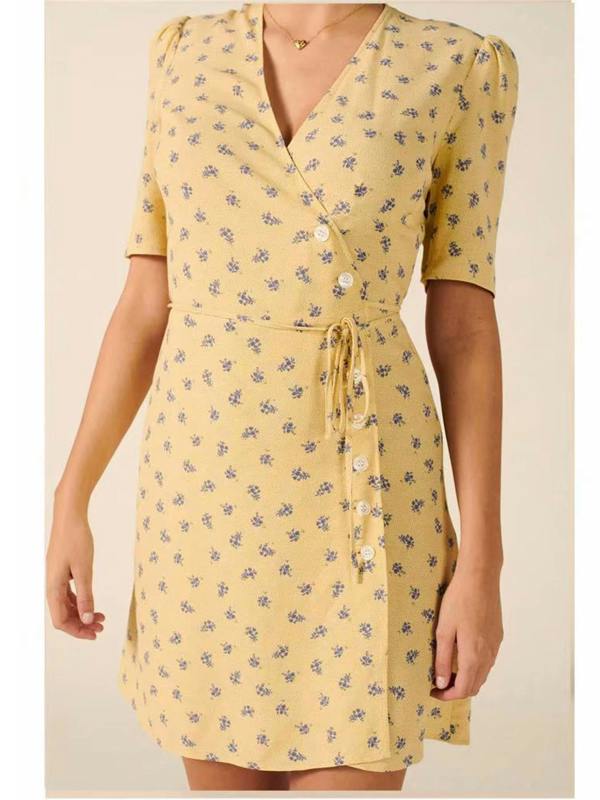 FS Collection Puff Sleeve Mini Tea Dress In Yellow & lavender Print