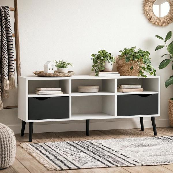 Wyld Haus Sapporo White and Matt Black Wide TV Unit 2 Drawers 4 Shelves