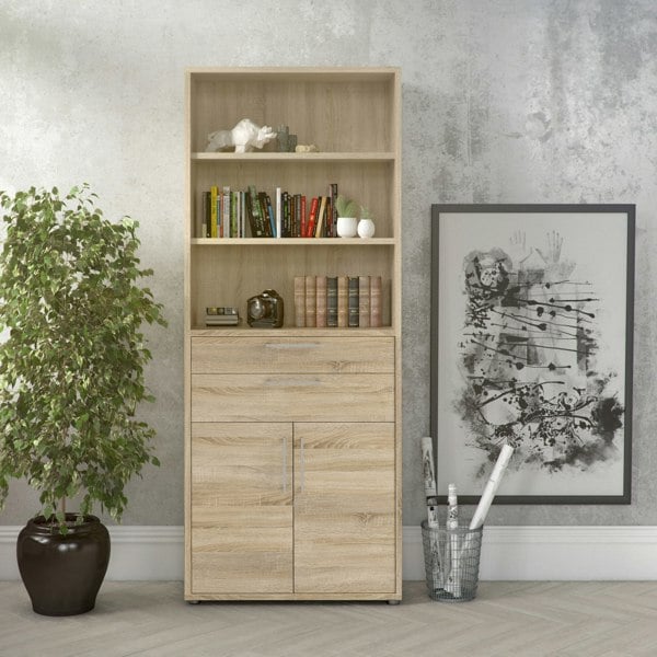 Furniture To Go Prima Bookcase 3 Shelves with 2 Drawers 2 Doors in Oak