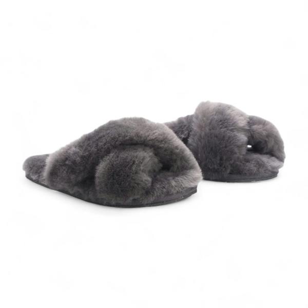 Infinity Leather Women's Sheepskin Slippers Grey Warm Winter Fur Crossover - Snowbelle