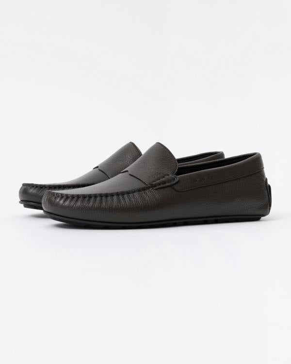 BOSS Orange Noel Mens Tumbled - Leather Loafers with Driver Sole - Dark Brown 201 | CHO | Designer Mens Shoes