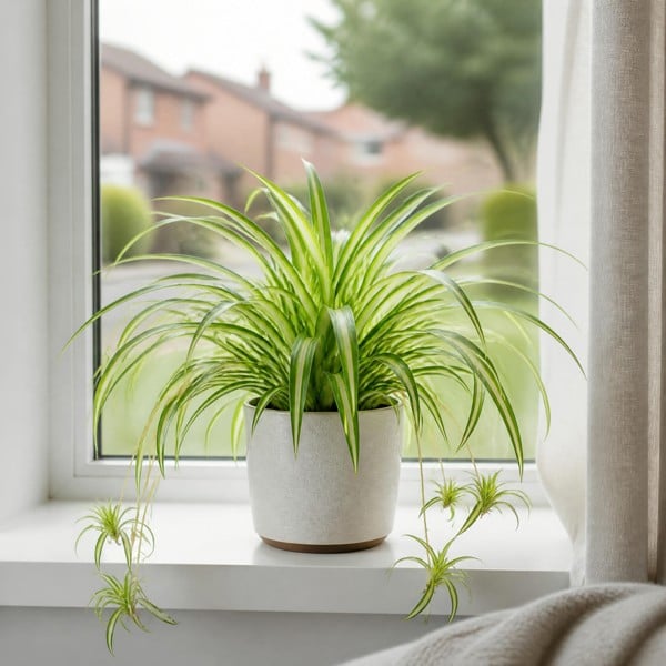 Chlorophytum Spider Plant 12cm - Air Purifying Plant - 1 - Glossy White Ceramic Pot