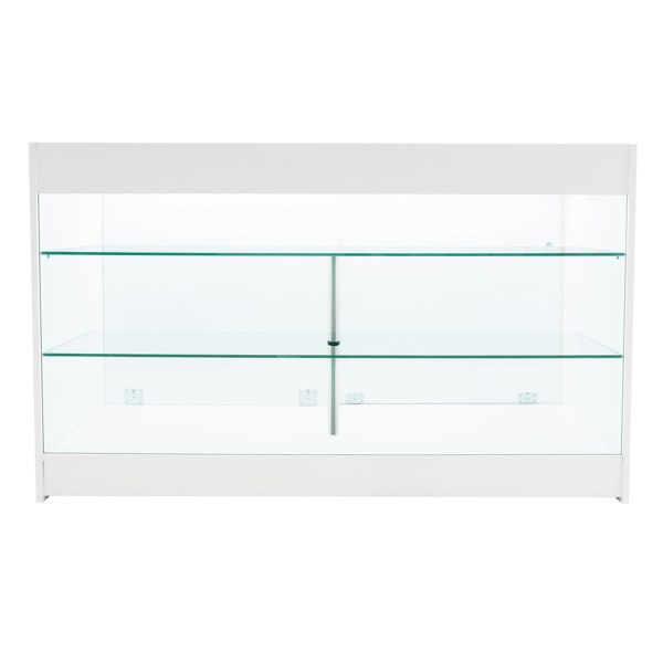 White Helios LED shop counter set with glass shelves, sleek design, ideal for showcasing products in retail environments