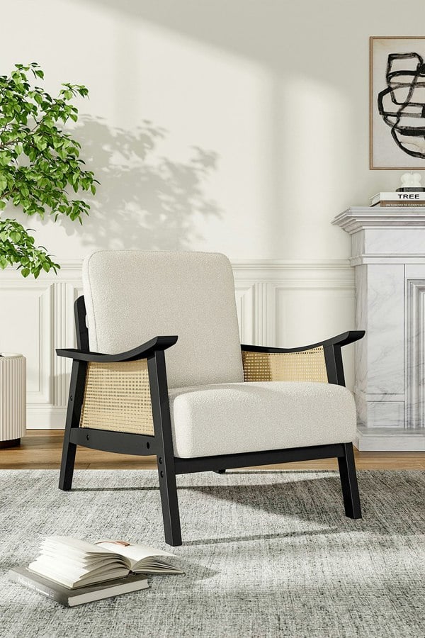 Living and Home White Teddy Fur Rattan Armrest Sofa Cushioned Armchair with Dark Leg