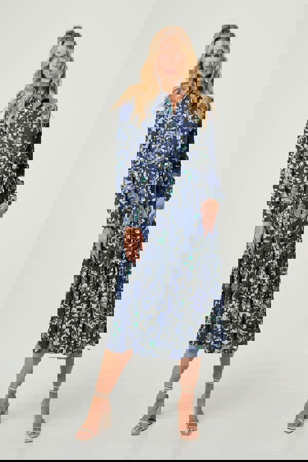 Navy | Floral Tie Waist Tiered Midi Dress
