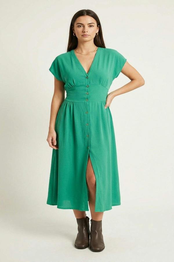 Reeva Button Down Cap Sleeve Midi Dress - Green
