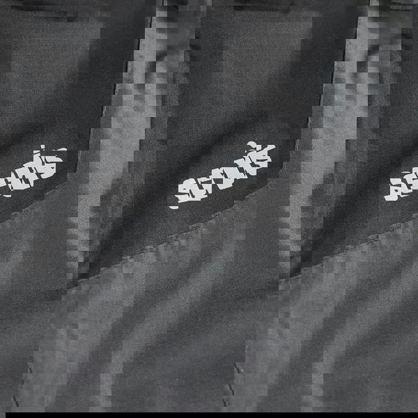 Scruffs Tech Mens Zip Up Work Warm Hooded Jacket Coat, close-up of black fabric with white Scruffs logo on pocket.