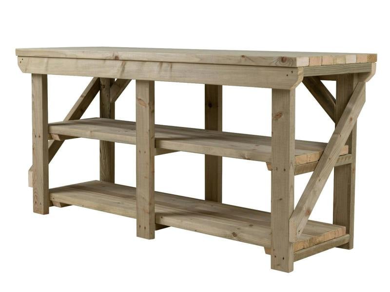 Indoor/Outdoor Pressure-Treated Double Shelf Workbench, a robust and versatile solution for all your workspace needs. Handcrafted in the UK, this workbench is constructed from high-quality, pressure-treated timber, ensuring durability and resistance to the elements, making it suitable for both indoor and outdoor use.